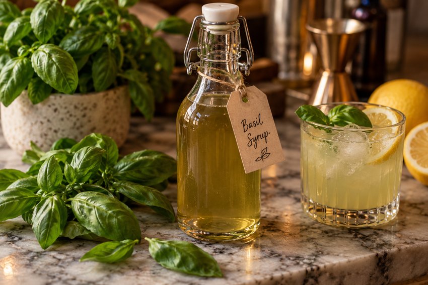 Homemade basil simple syrup on a marble countertop