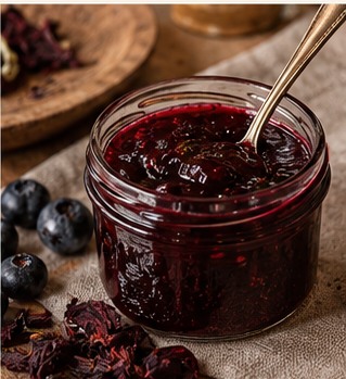 Blueberry Hibiscus Jam on a marble countertop